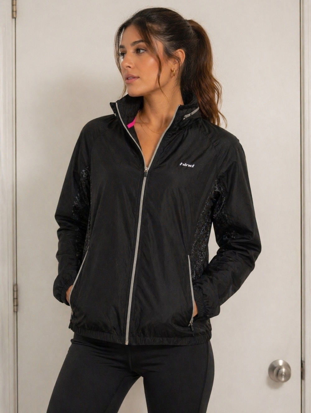 HIND BLACK WINDBREAKER JACKET PINK LINING LIGHTWEIGHT ZIP UP SIZE M